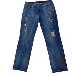 Poetic Justice Shaw Boyfriend Jeans Women's Sz 30/32 Blue Distressed Mesh Bling